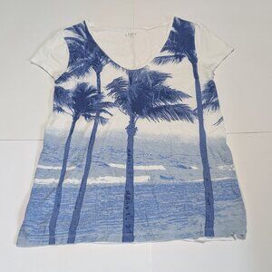 Ann Taylor Loft Women's Blue & White Palm Tree Print Short Sleeve Shirt, Size S